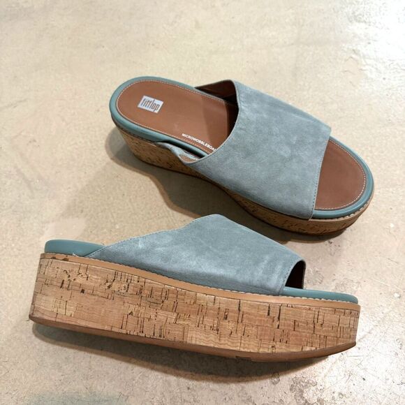 FitFlop Wedge Sandals Eloise Cork Platform Suede Slides Teal Brown Womens sz 11 - Picture 1 of 11